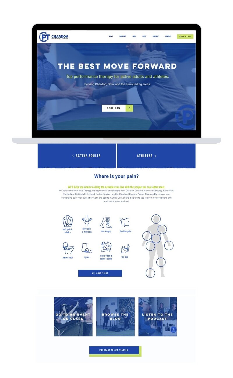 Mock-up of Chardon Performance Therapy's website on a computer, displaying a clean, professional design for a physical therapy practice.