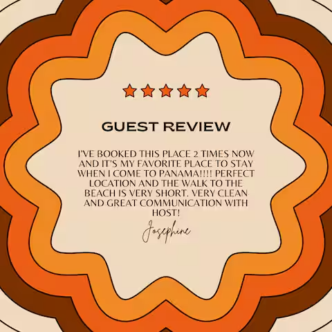 5-star guest review graphic for Groovy Shack highlighting the clean space, great host communication, and ideal location near the beach in Panama City Beach.