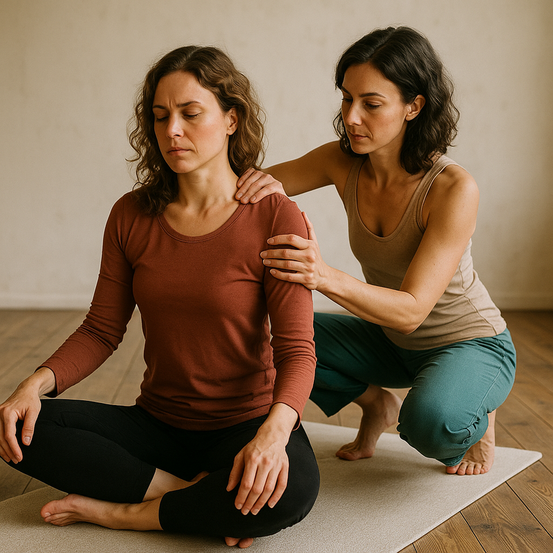 one woman behind another in a support pose teaching her student how to focus her thoughts as she holds her shoulders