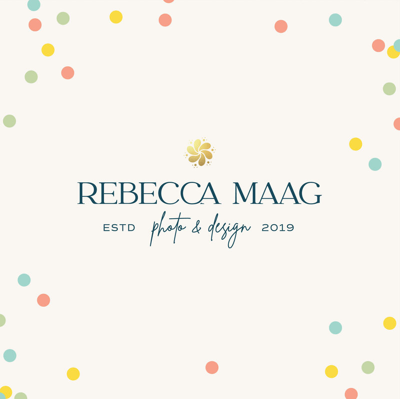 Serif logo with script font in navy with gold foil floral emblem on neutral background with colorful confetti