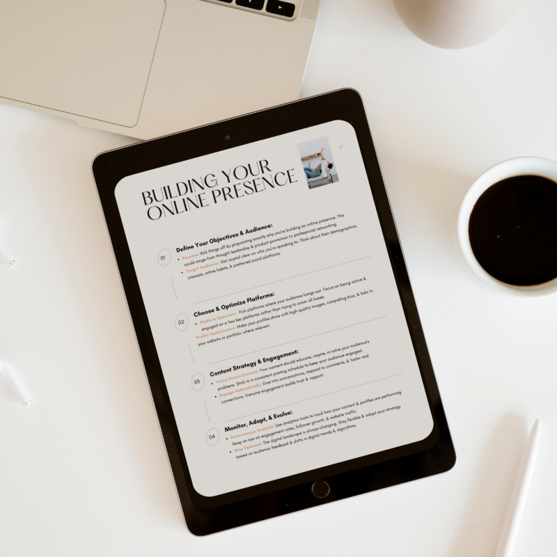 A tablet displaying a digital product titled "Building Your Online Presence" on a desk beside a cup of coffee.