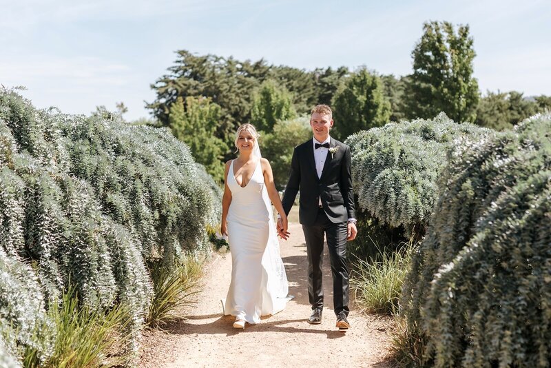 A bride and groom walking hand in hand through bushes at Balgownie Estate