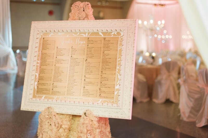 blush gold framed wedding seating chart