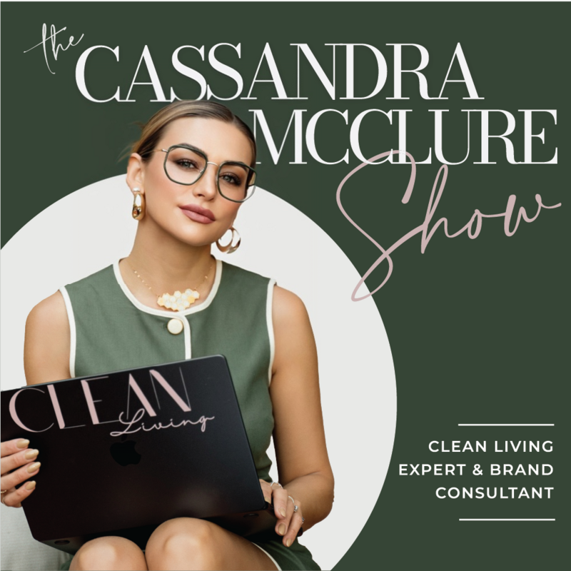Clean beauty Podcast cover, Cassandra in bath with flower petals and words "Clean Beauty Show"