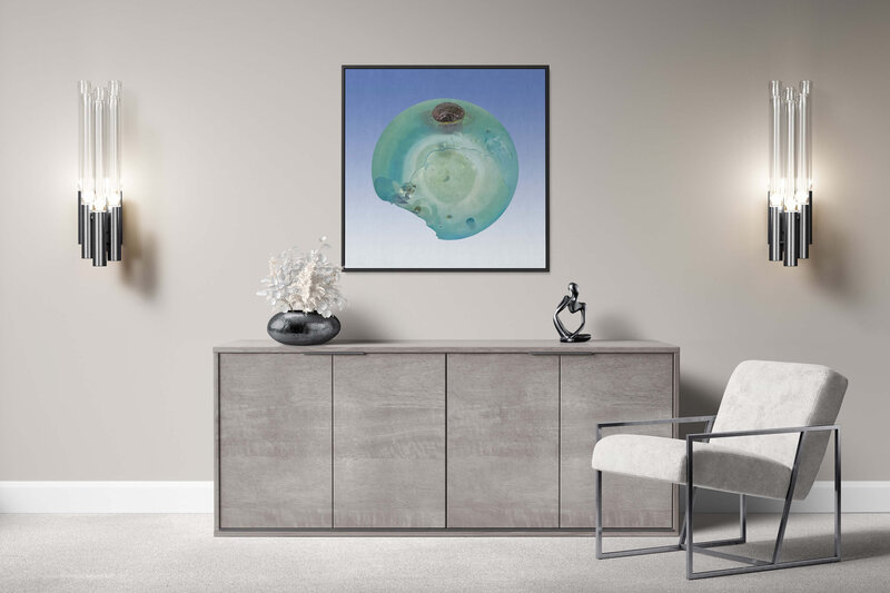 Fine Art Canvas with a black frame featuring Project Stardust micrometeorite NMM 789 for luxury interior design