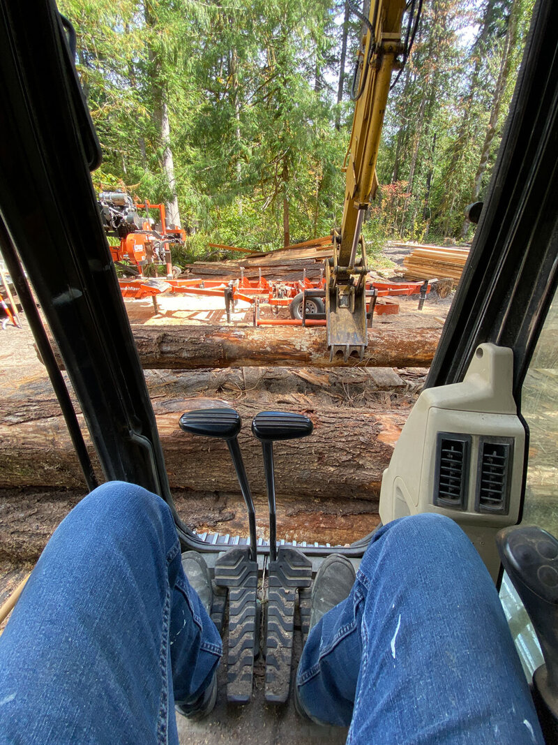 View from inside heavy machinery working in a forest setting