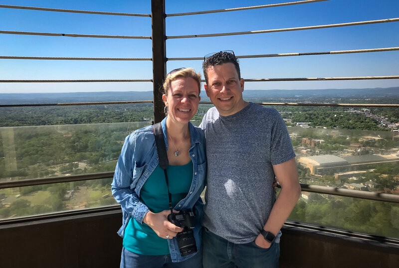 Husband and wife at a state park in Missouri with camera