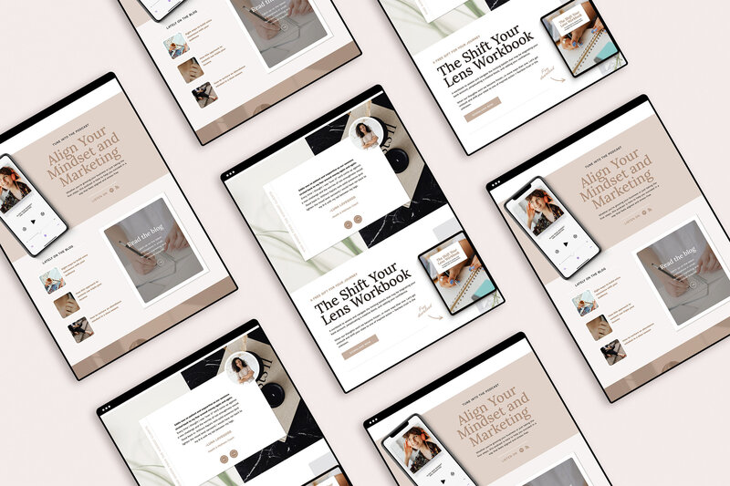 Different sections of the Lumen website template home page shown on multiple ipads