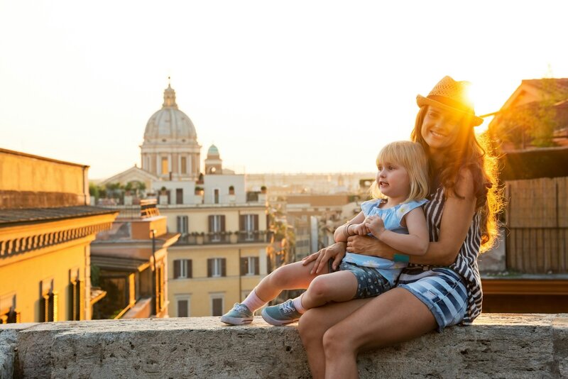 Family posing for a picture in Europe on vacation