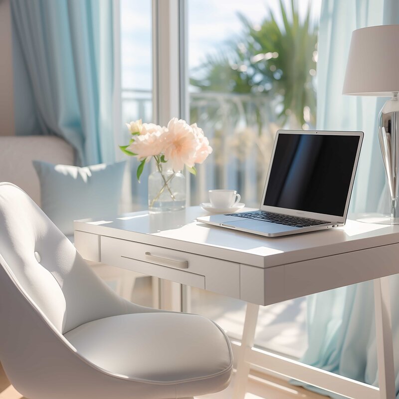 Bright home office workspace with laptop, flowers, and notepad — representing professional blog coaching and website design for women