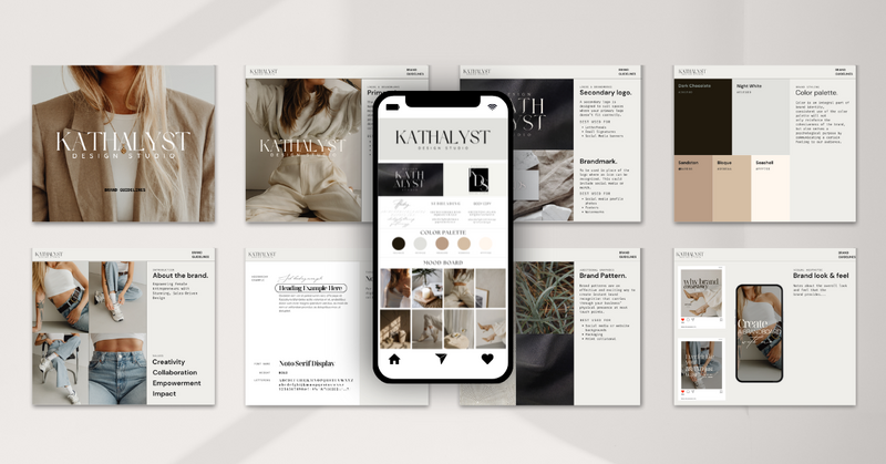 Neutral-toned mini brand kit for female entrepreneurs including logo, fonts, moodboard and IG layout