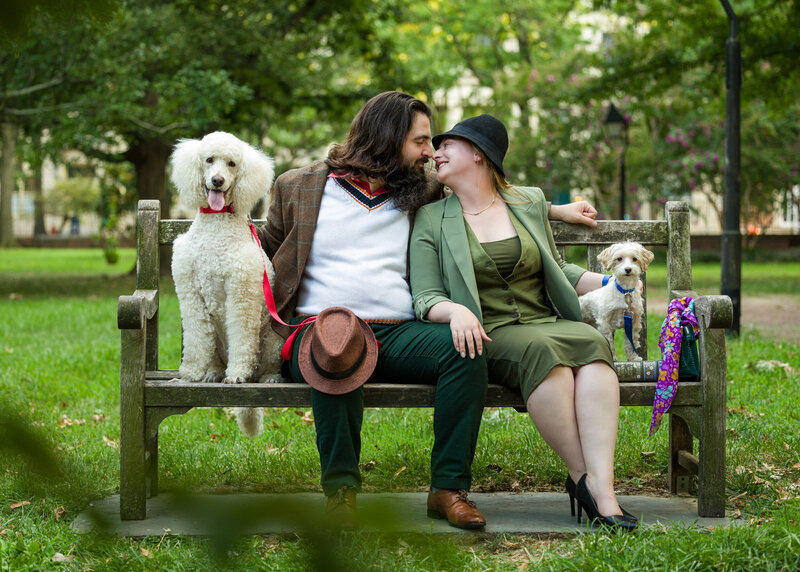 A playful, Disney-inspired 101 Dalmatians engagement session in Philadelphia, featuring a couple dressed to celebrate their love of the classic movie.