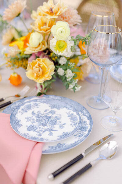 Luxury Walnut Hill Tree Farm GA white and blue china with pink linen and spring florals by roots floral design