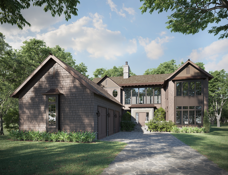 mountain-house-shingles-large-windows-stacked-stone-metal-roof
