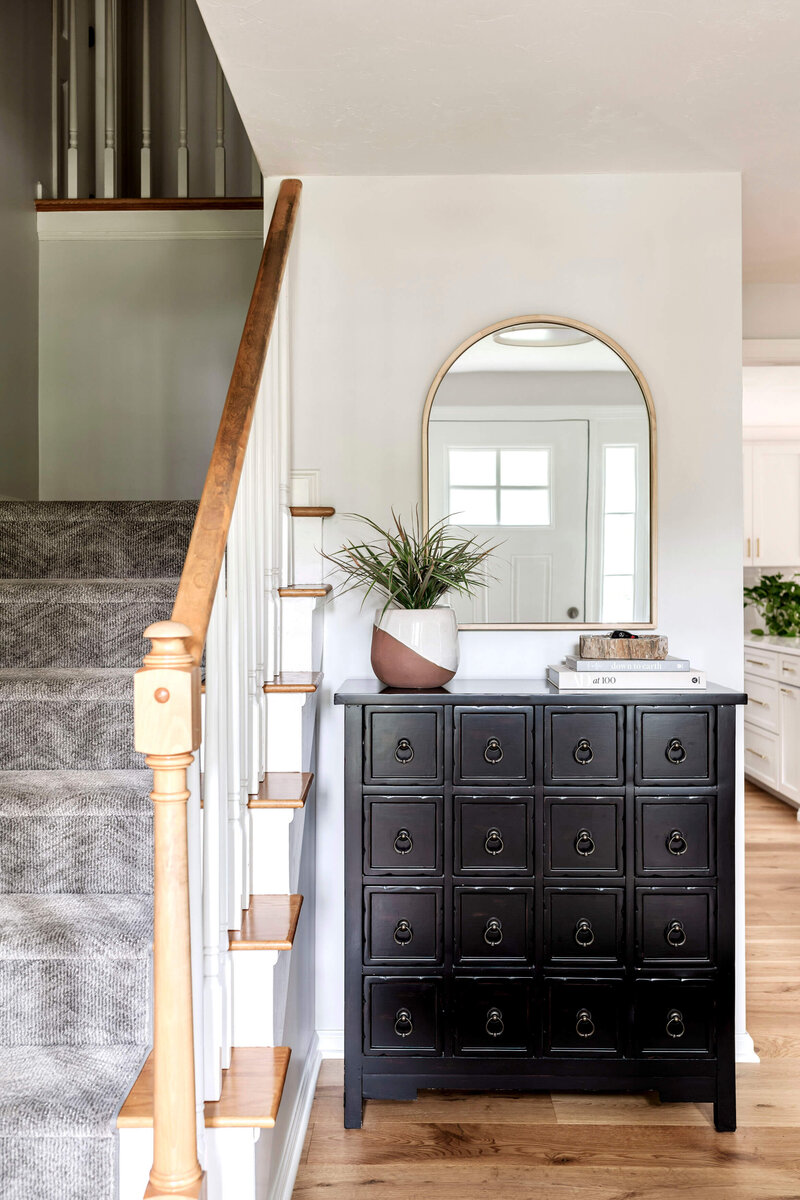 Auburn Project by Glass House Design Group | Complete home renovation including kitchen, family room, entry, dining room, and two bathrooms. Kitchen features beverage bar, built-in pantry, 3D white tile backsplash. Comprehensive New England interior design after two decades.