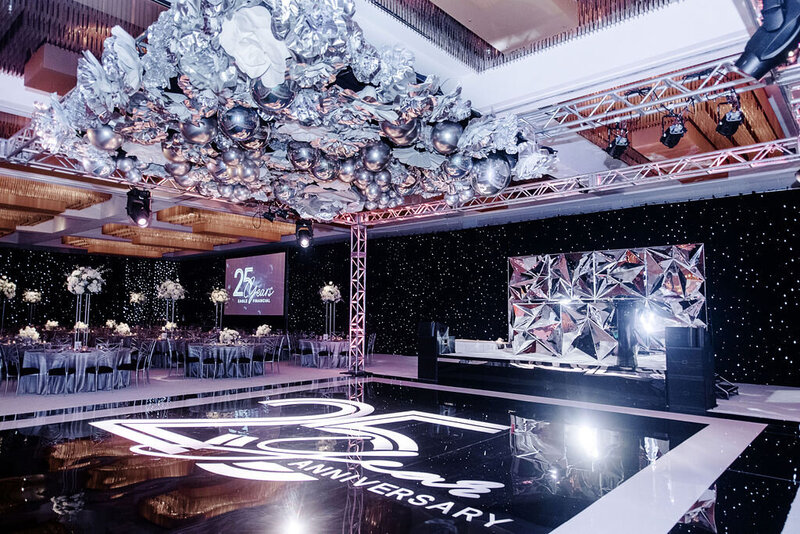 Ballroom setup with silver decorations
