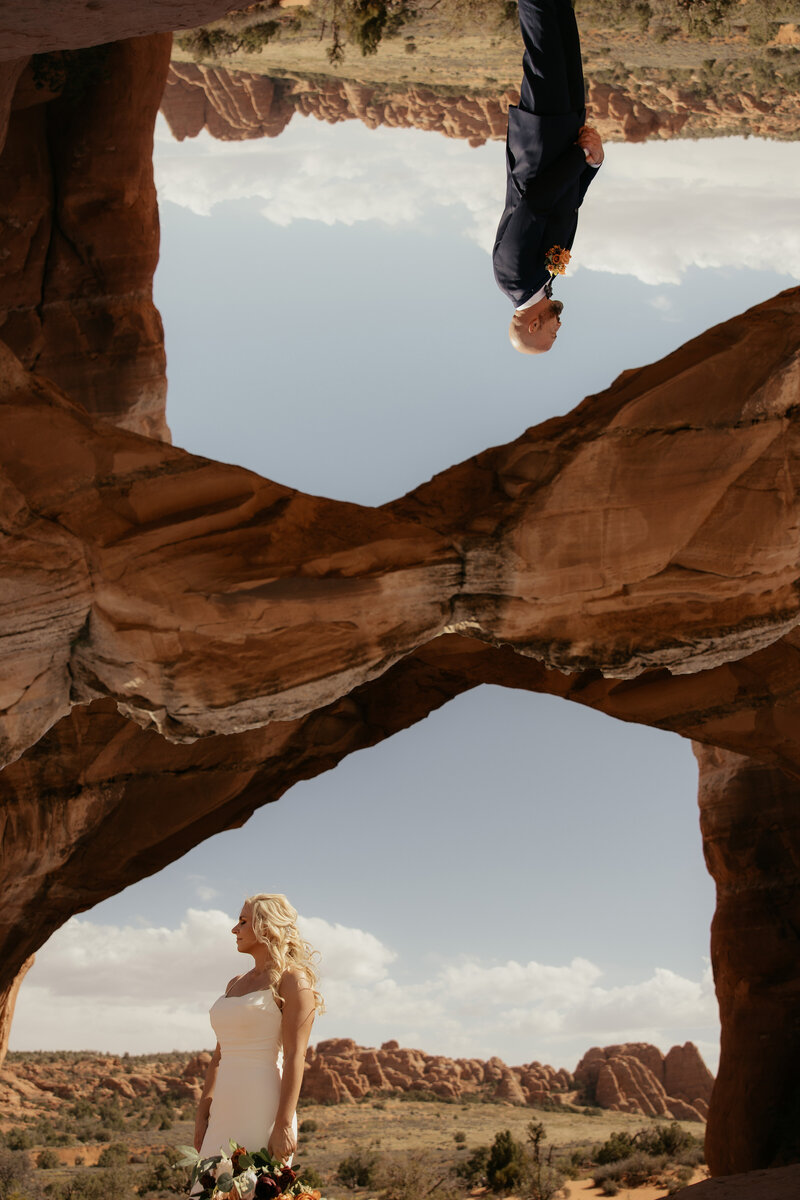 bride and groom eloping in arches national park, moab utah