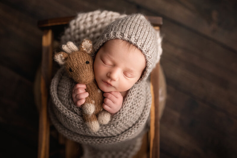 Newborn boy wrapped in a hand-knitted tan wrap with matching bonnet, holding a tiny stuffed giraffe.