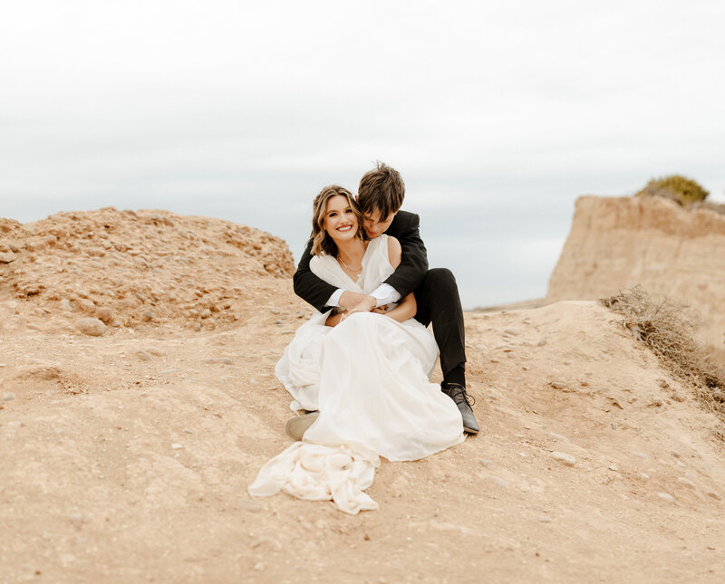 bride and groom at cliffside wedding in Malibu
