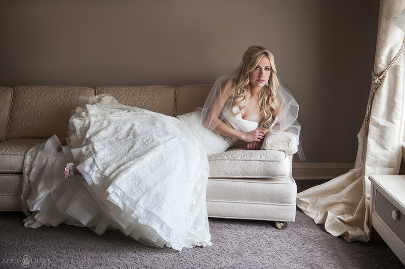 Bridal Portrait with pretty natural light inside the Master Suite of Highlands Ranch Mansion in Colorado