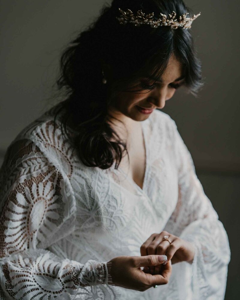 Cinematic image captured of the bride admiring  her engagement ring