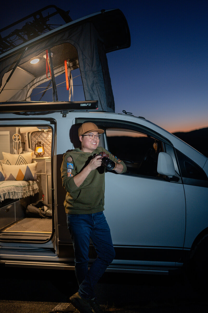 Peter 3 Photography Joshua Tree and Yosemite Elopement Photographer and adventurous intimate wedding photographer next to his camper van.