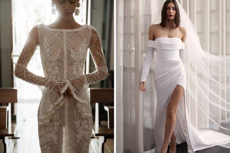 twee modellen in trouwjurken met lange mouwen, een glitter trouwjurk en een minimalistische trouwjurk
