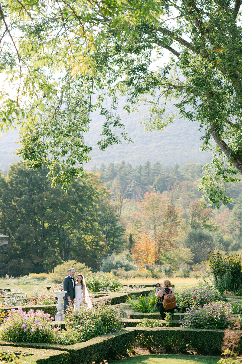 Vermont Wedding Photographer, Coryn Kiefer, takes photo of bride and groom at Hildene in Manchester Vermont.