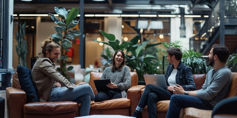 Four people sitting with laptops, laughing together in a casual workplace setting.