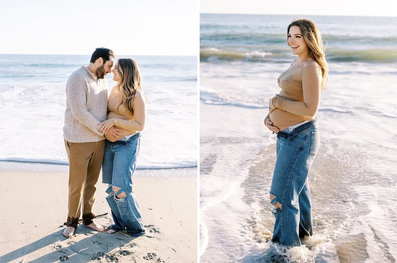 A couple playing in the surf during their maternity session with Santa Barbara photographer Daniele Rose