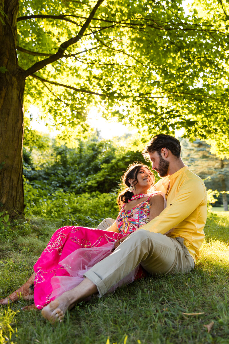South Asian fusion wedding couple at backyard mehendi.