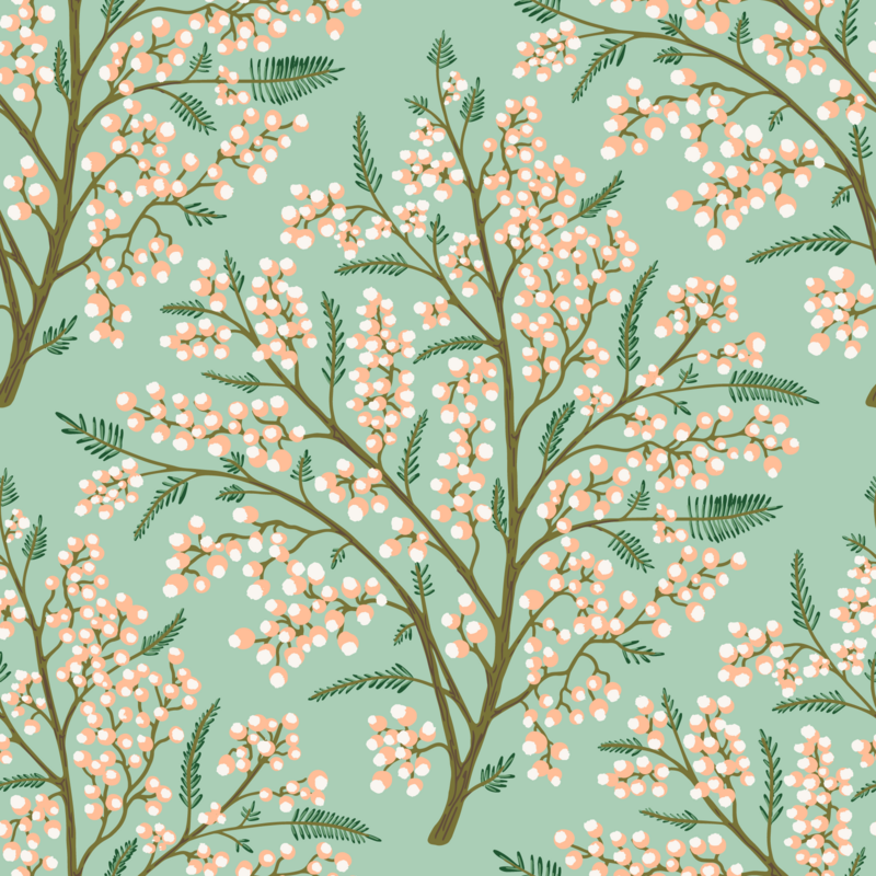 Flowering spring tree pattern with hand drawn blossoms in Pantone Peach Fuzz, mossy green, and lively mint colors - pattern is available for licensing