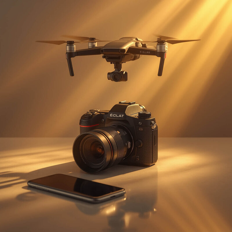 Drone en vol au-dessus d’un appareil photo professionnel éclairé par une lumière dorée, accompagné d’un smartphone, illustrant le pack Aurora offrant une expérience complète en photo, vidéo, stratégie et montage chez Lili Créa Design à Saint-Nazaire
