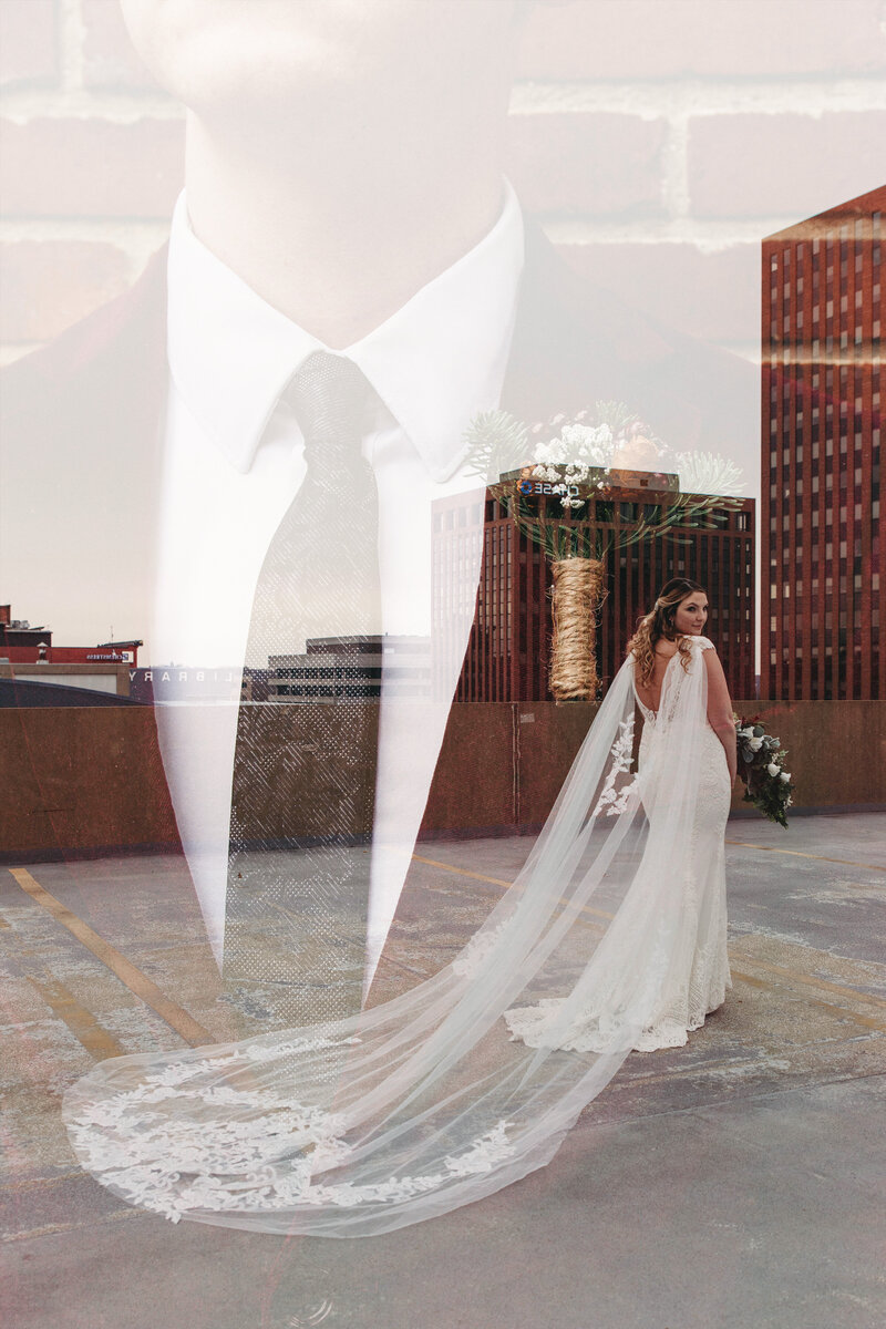 Double exposure of moody wedding couple in downtown akron at Greystone Hall