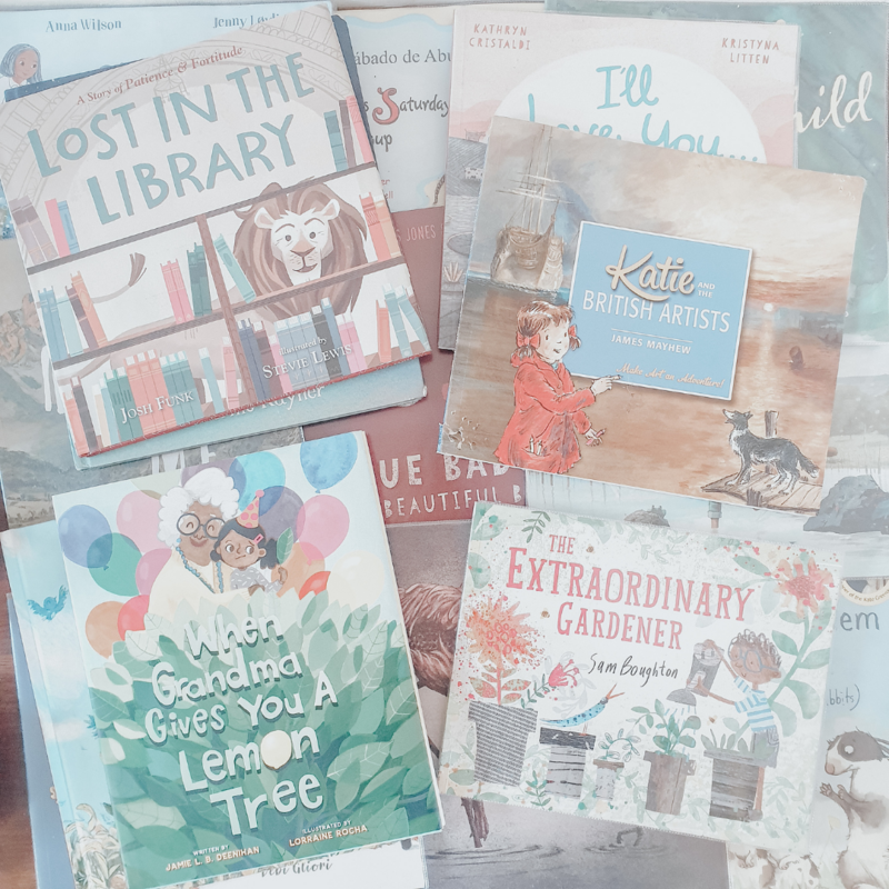 A large collection of excellent picture books for preschool children. One reads The Extraordinary Gardener another reads When Grandma Gives You a Lemon Tree and another reads Katie and The British Artists