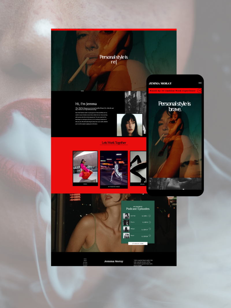 black, red, and bold website design for a personal stylist