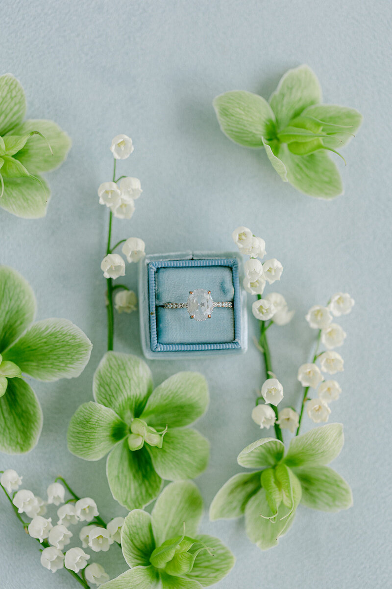 Luxurious blue velvet mat with classic wedding invitation suite and ring dish