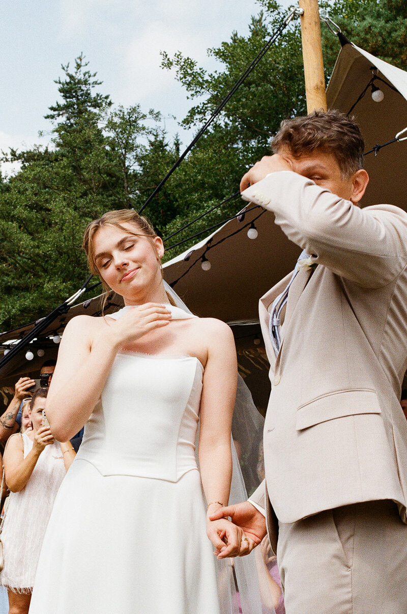 Luxury wedding in Europe – sophisticated bride in a modern wedding gown and groom in a timeless suit.