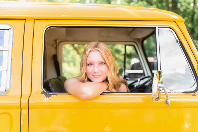 Girl in VW van window at senior session in Cleveland Ohio