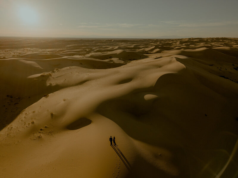 An aerial view of a couple standing on a dune in a vast desert