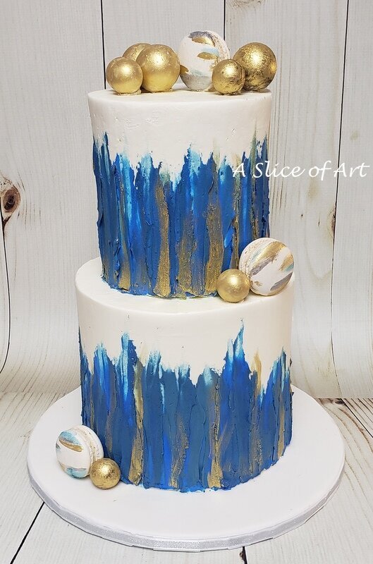 blue handpainted macaron cake