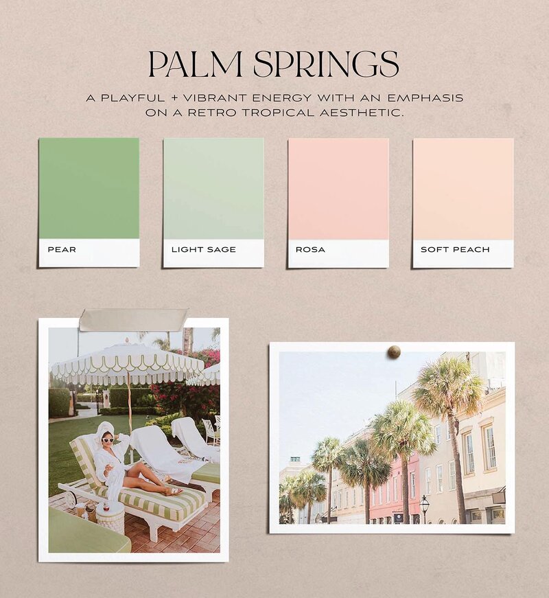 Mood board of blush, peach and green palette for a wedding