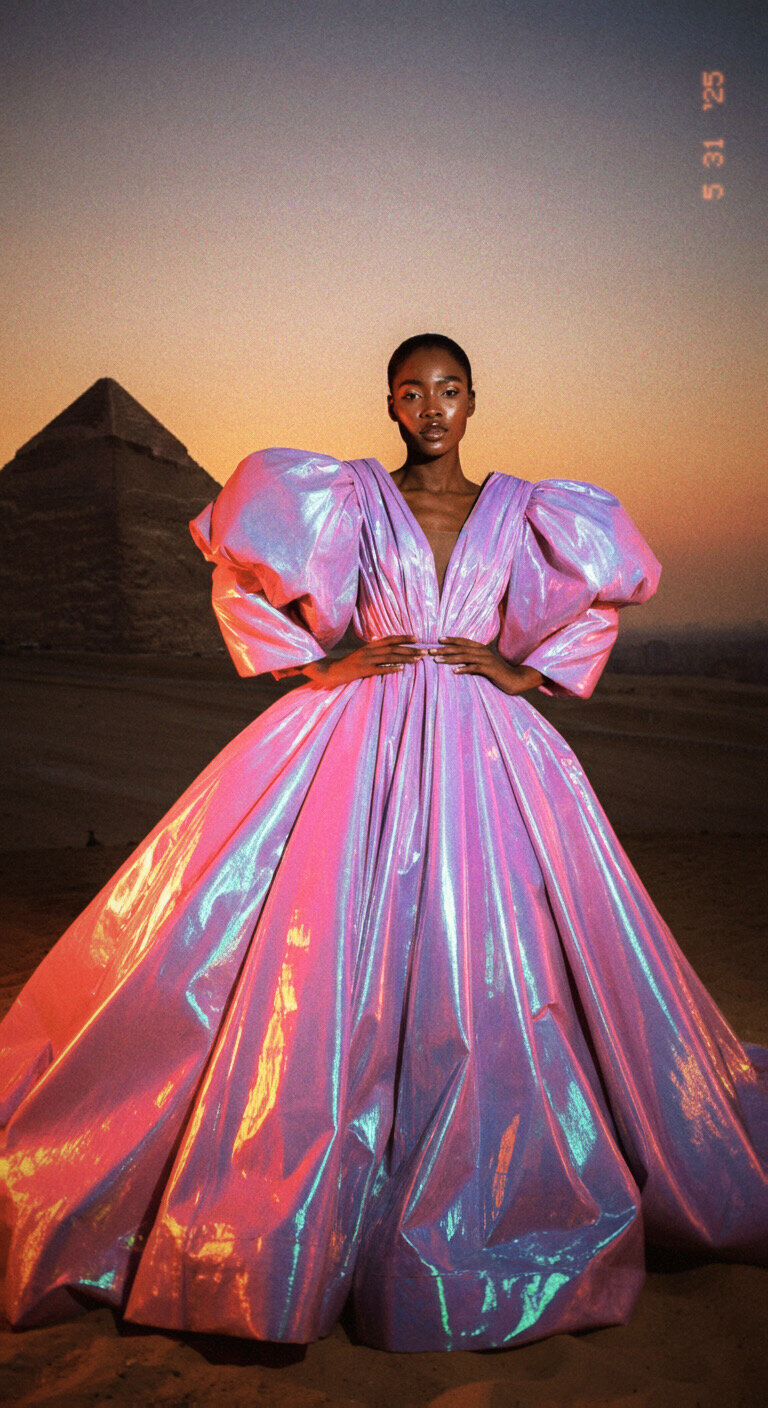 A black female standing outside in a dessert with pyramids in a metallic purple puffy dress with large shoulder sleeves. 