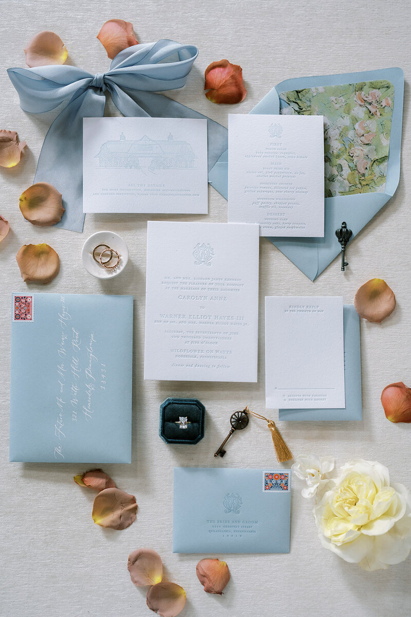 Flat lay of wedding invitation suite