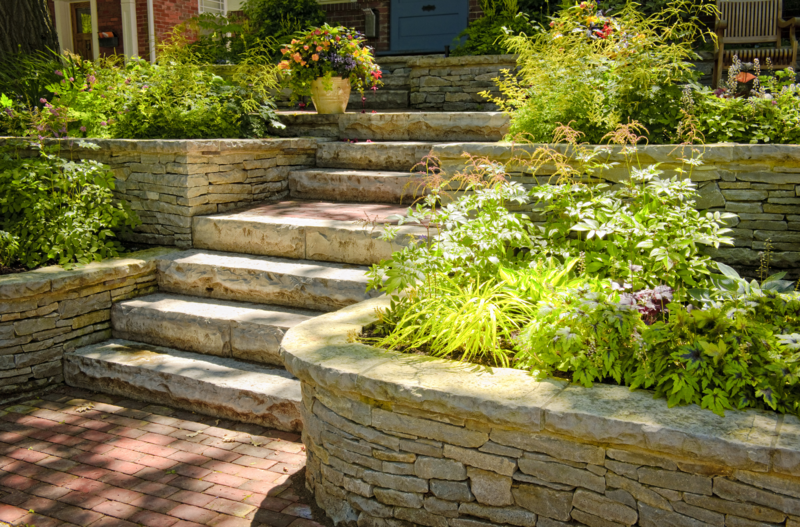 natural stone stairs and paver walkway