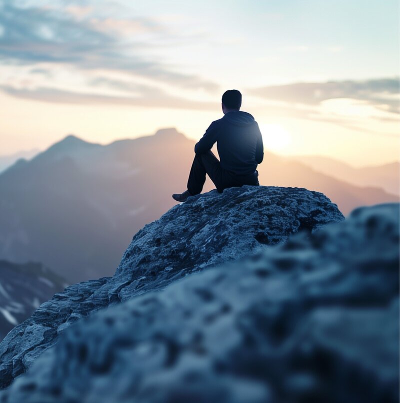 Persona sentada sobre una roca mirando las montañas, simbolizando la búsqueda de Dios y el sentido de la vida.