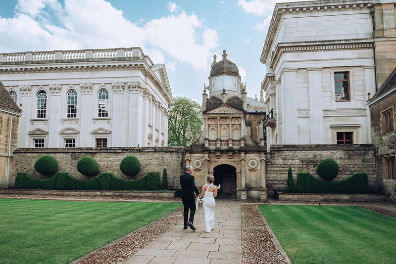 Editorial wedding couple portrait at Gonville & Caius College in Cambridge