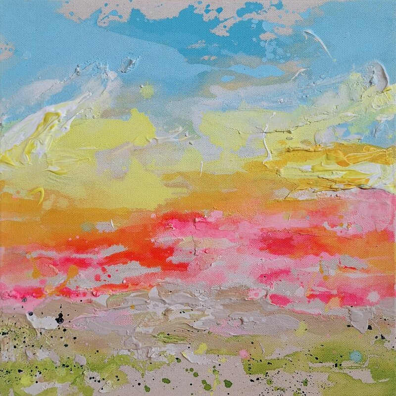 Gelb, Rosa, Hellblau und sattes Grün fließen in Bewegung ineinander. Wie ein Sonnenaufgang auf Leinwand.