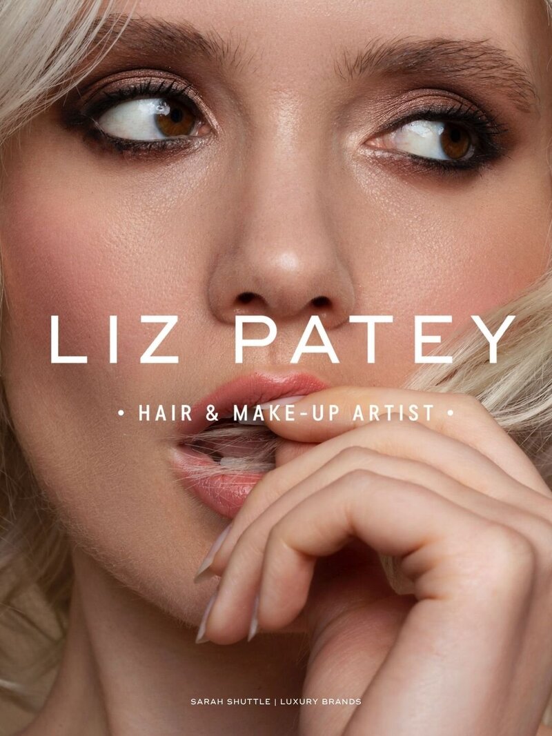 ditorial model photography with Liz Patey luxury beauty brand logo overlay