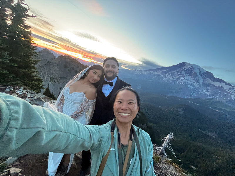 Selfie taken by the photographer with a couple eloping at Mount Rainier